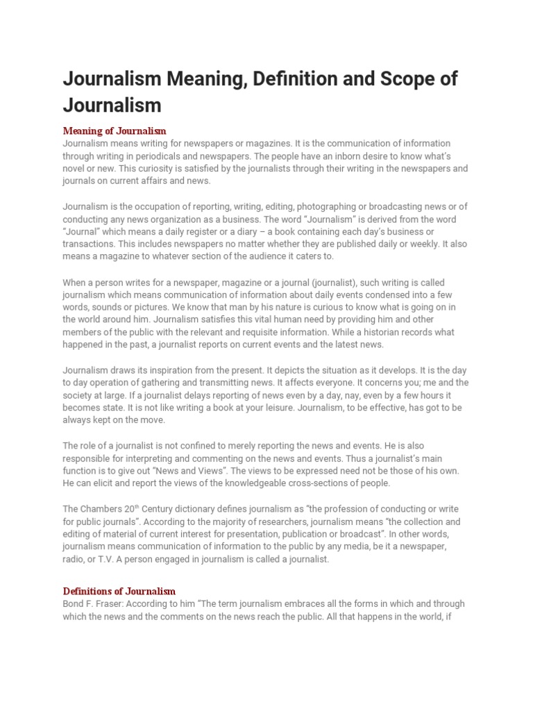 Journalism Meaning, Definition and Scope of Journalism PDF