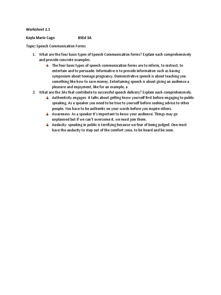 Worksheet 2.1 Kayla Marie Cago Bsed 3A | PDF | Speech | Communication