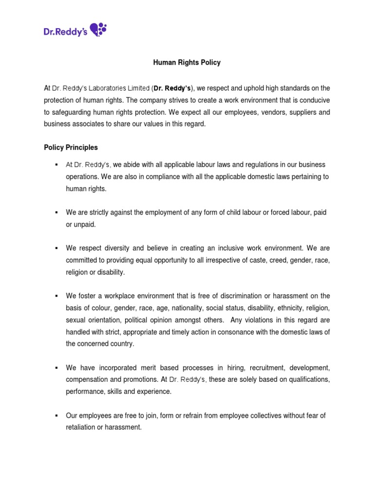 Dr. Reddy's Human Rights Policy | PDF | Labour Economics | Employment