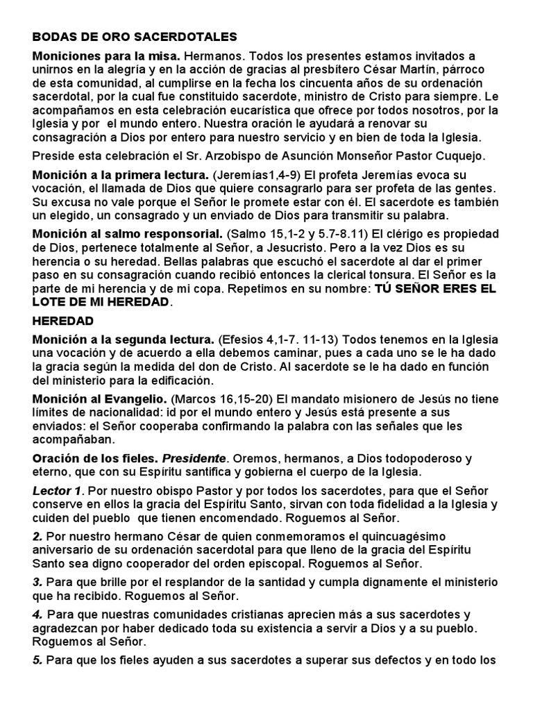 Moniciones para Bodas de Oro Sacerdotales | PDF | Misa (liturgia) | Sacerdote