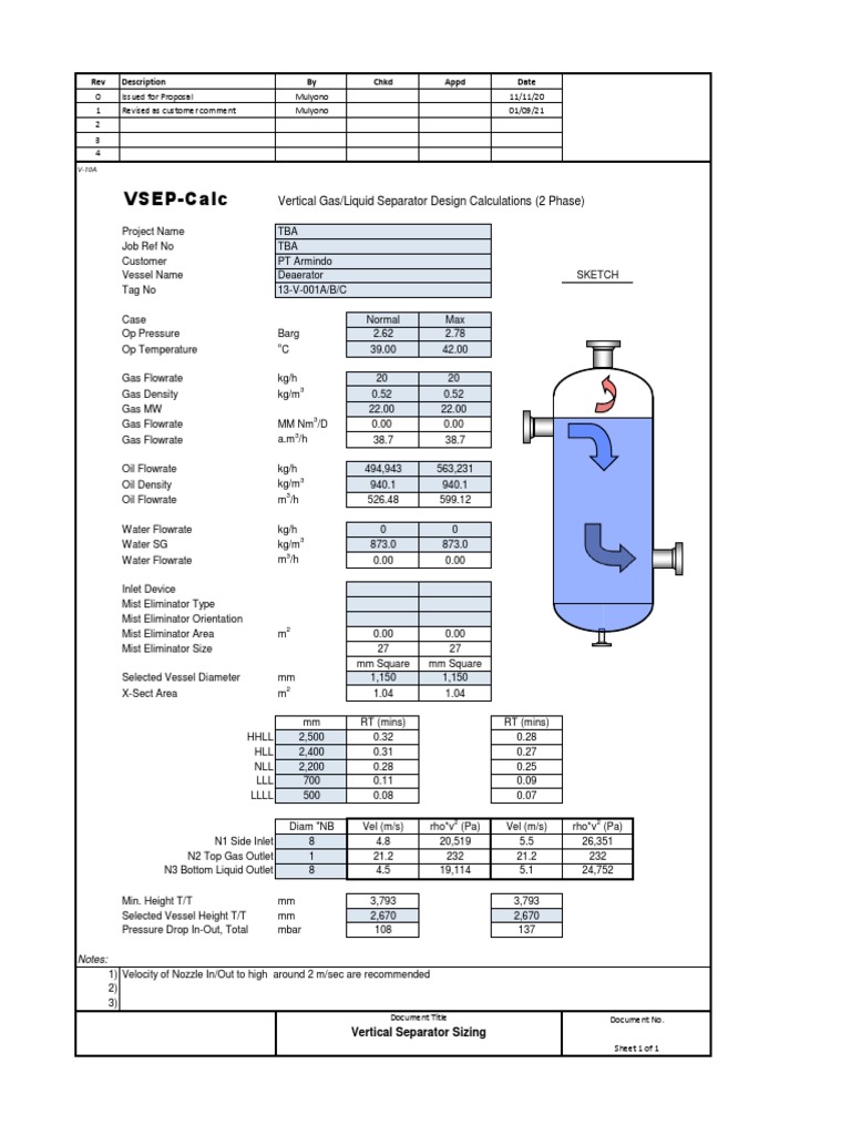 VSEPCalc Vertical Gas/Liquid Separator Design Calculations (2 Phase