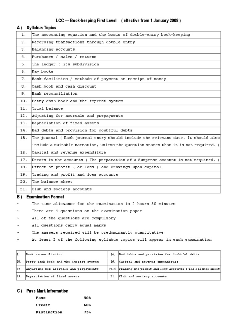 LCC Level 1 Bookkeeping Syllabus | PDF | Valuation (Finance) | Service ...
