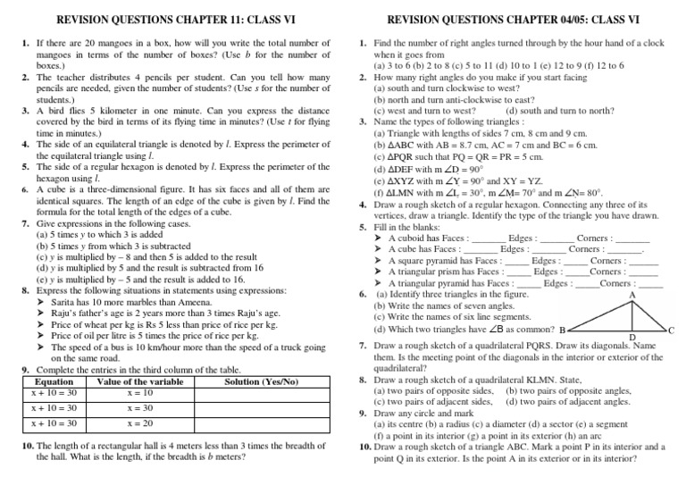 Class VI Revision Questions on Math Concepts | PDF | Triangle | Euclid