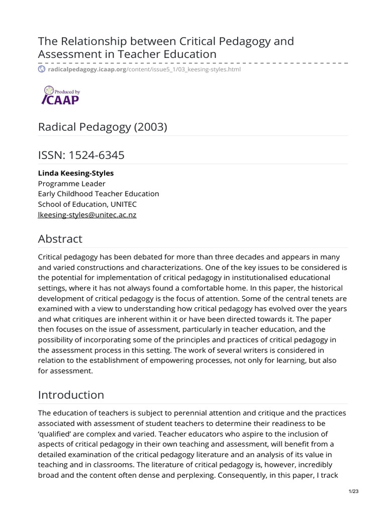 The Relationship Between Critical Pedagogy and Assessment in Teacher ...