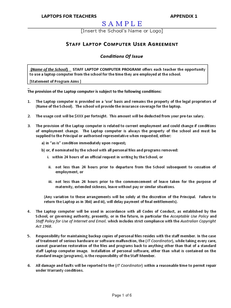Laptops For Teachers App 1 Sample Staff User Agreement | PDF | Laptop ...