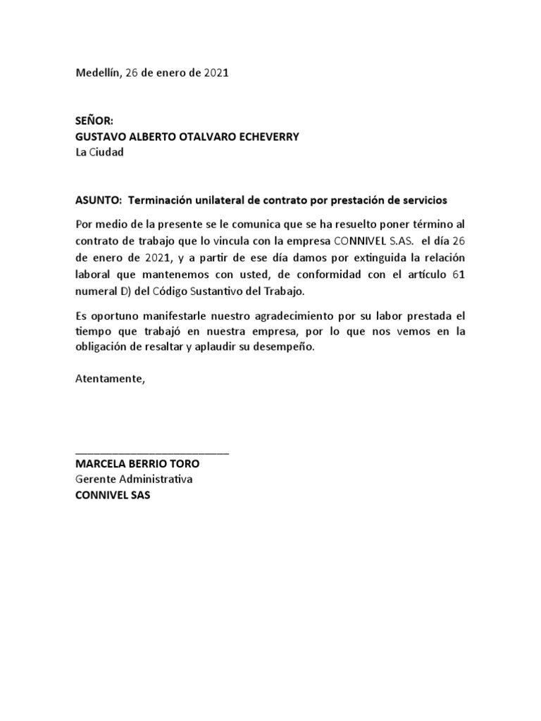 Carta Terminacion Contrato Laboral | PDF