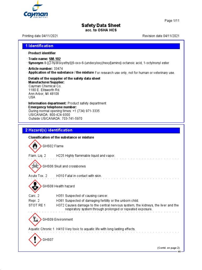 OSHA Safety Data Sheet for SM-102 | PDF | Toxicity | Dangerous Goods