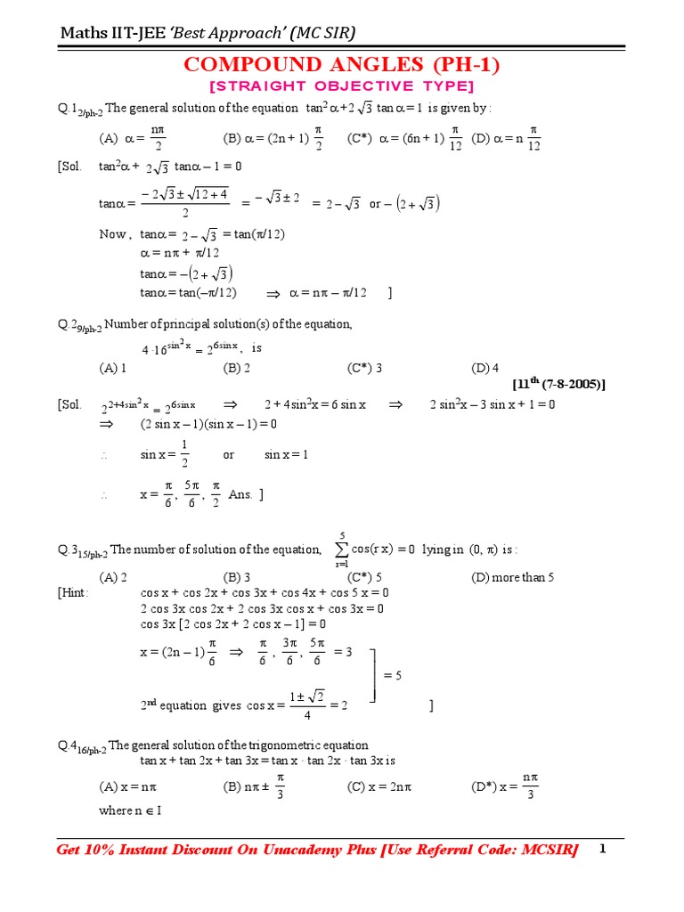 Compound Angle Formulas for JEE | PDF | Trigonometric Functions ...