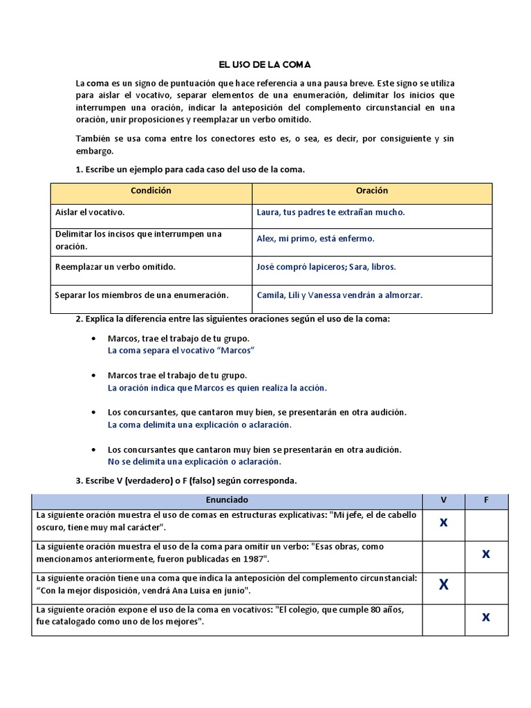 Ejercicios Prácticos sobre el Uso de la Coma | PDF | Coma | Oración ...