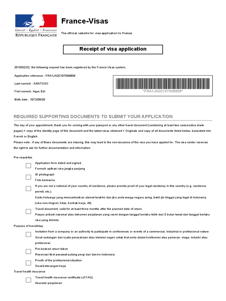 FranceVisas Receipt of Visa Application PDF Travel Visa