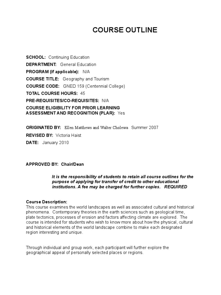 Geography and Tourism Course Outline | PDF | Geography | Curriculum