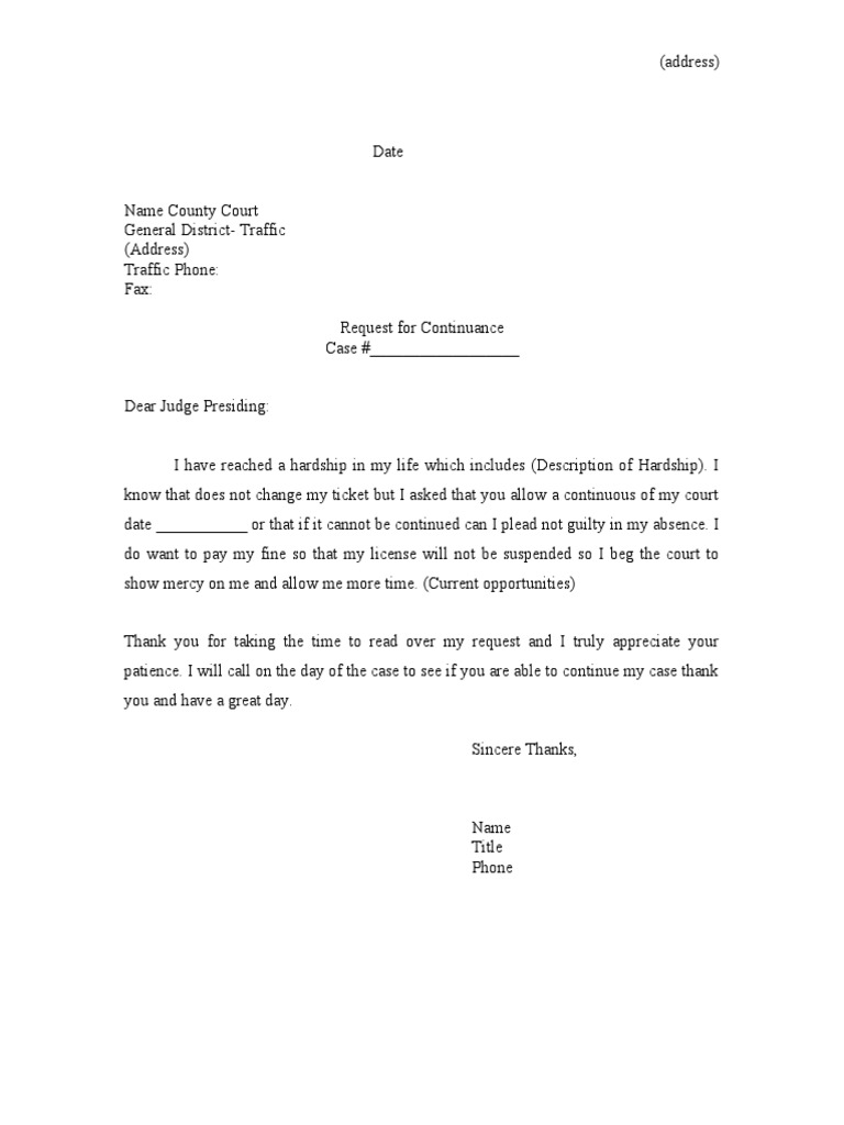 Request For Continuance Template PDF Request For Continuance Template PDF