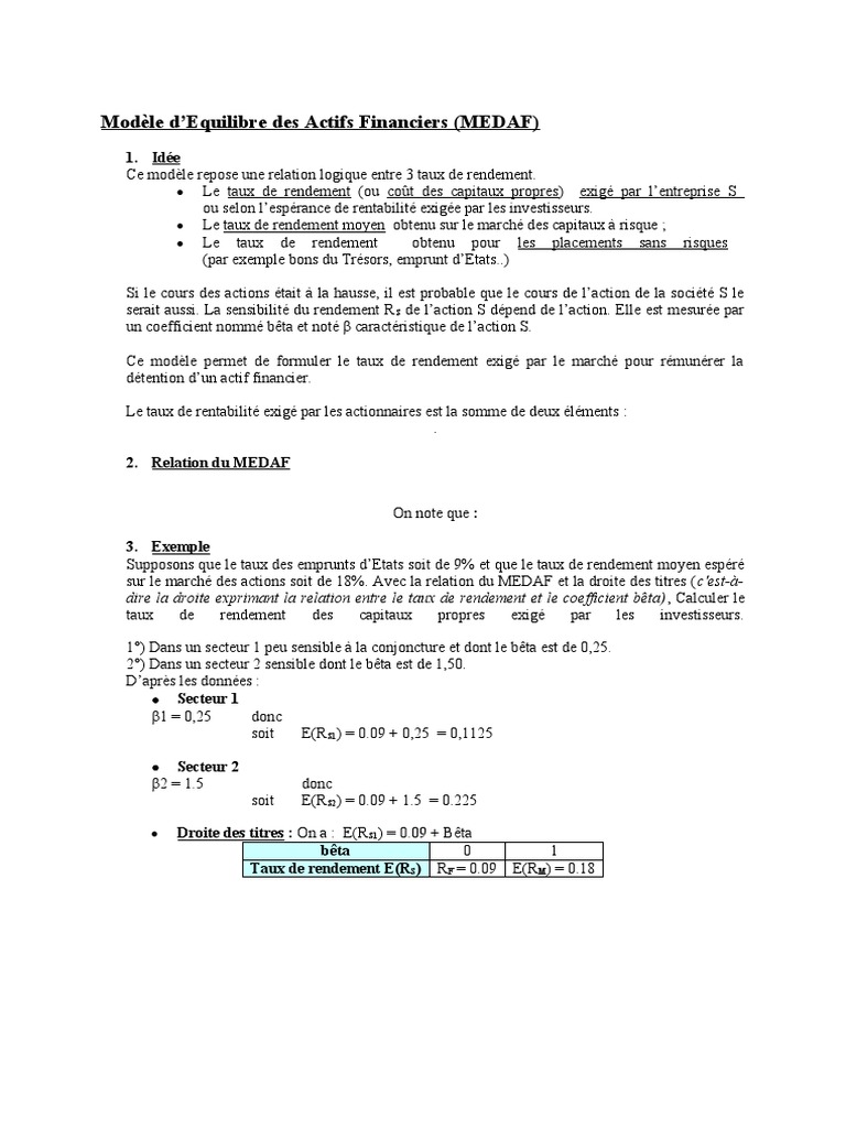 Modèle MEDAF : Calcul et Estimation du Bêta | PDF | Modèle d'évaluation ...