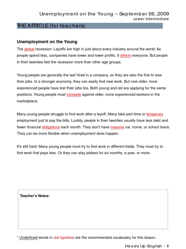 THE ARTICLE (For Teachers) Unemployment On The Young September 06
