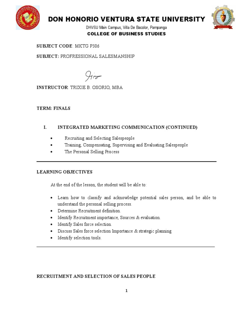 I. Recruitment and Selection of Sales People | PDF | Recruitment 
