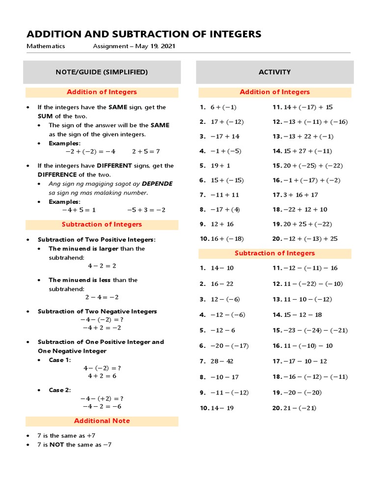 Integer Addition and Subtraction Guide | PDF | Subtraction | Abstract ...