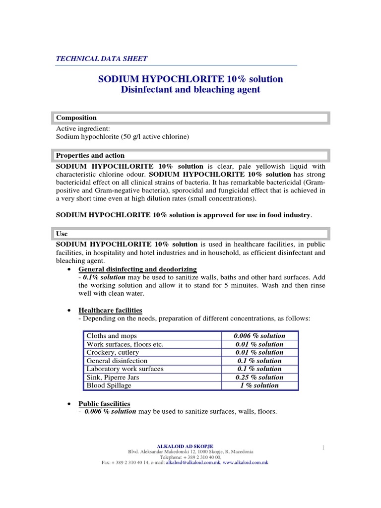 Sodium Hypochlorite Solution Data Sheet