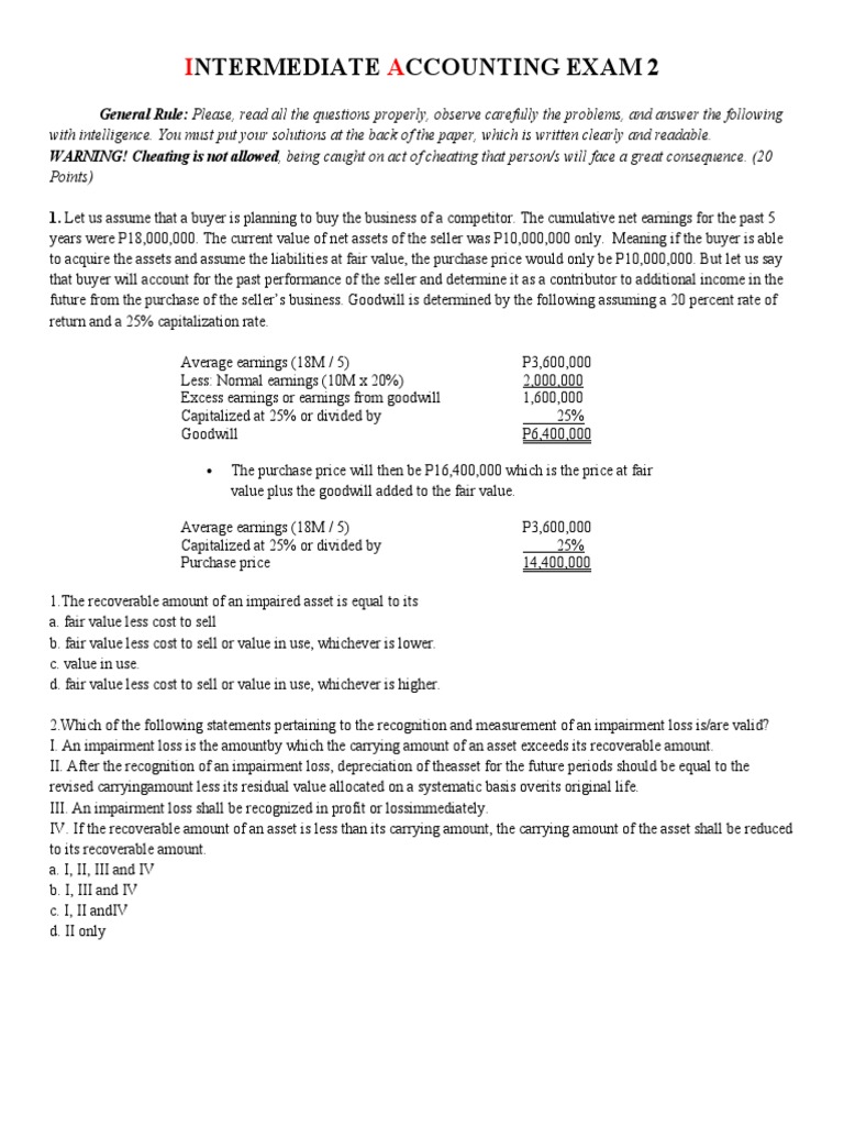 Intermediate Accounting Exam 2 Guide | PDF | Goodwill (Accounting ...