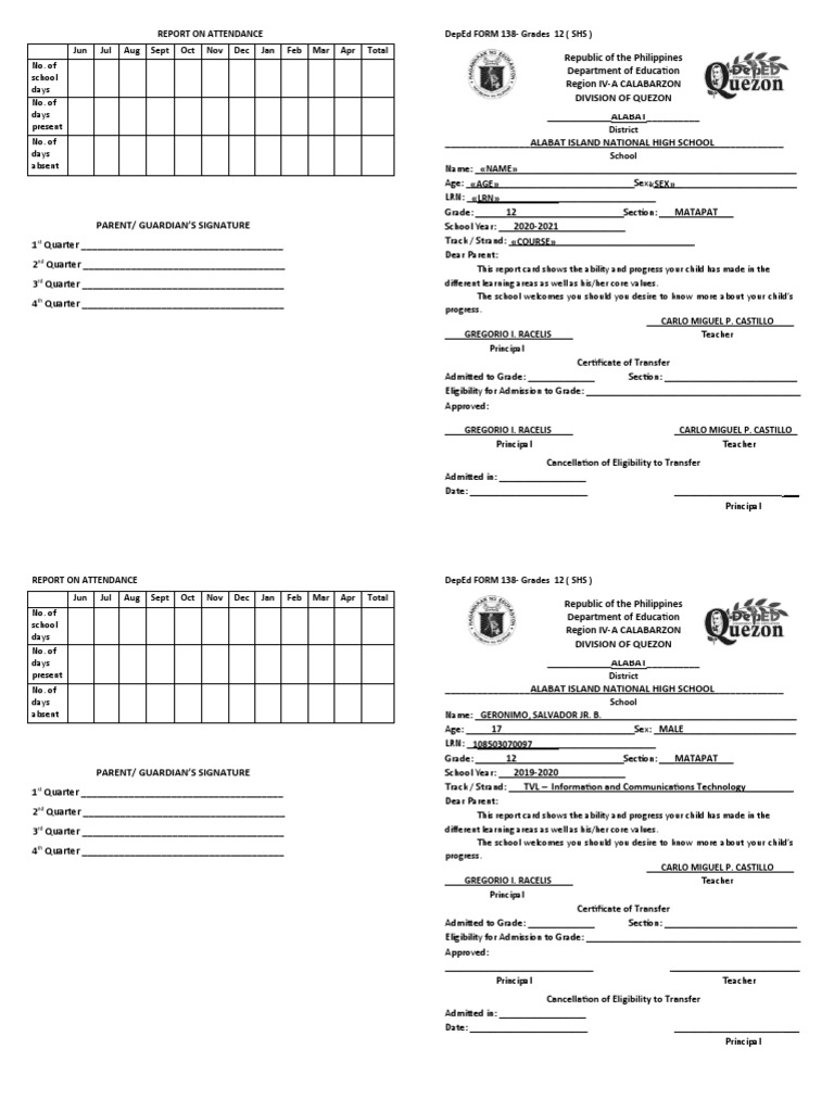 g12 Form 138 Template Front | PDF | Social Institutions | Social Science