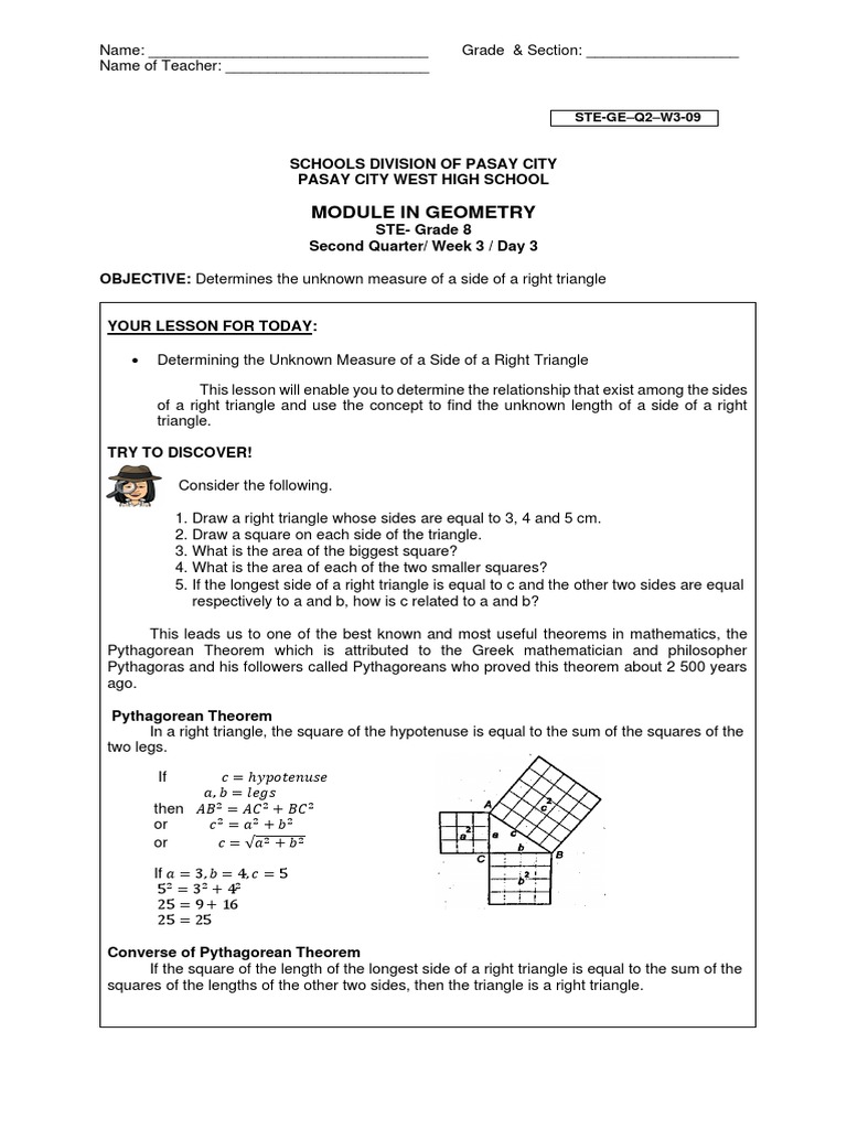 Pythagorean Theorem Module for Grade 8 | PDF | Triangle | Euclidean ...