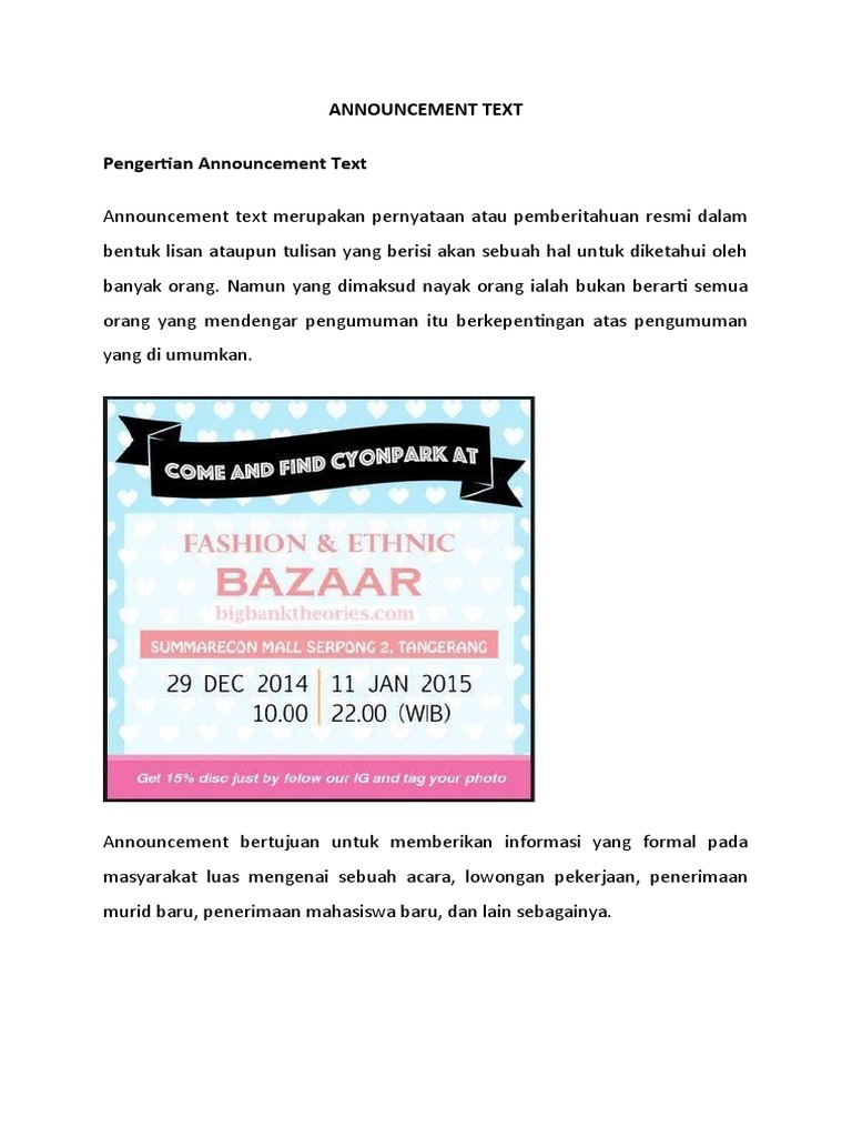 Pengertian dan Ciri Announcement Text | PDF