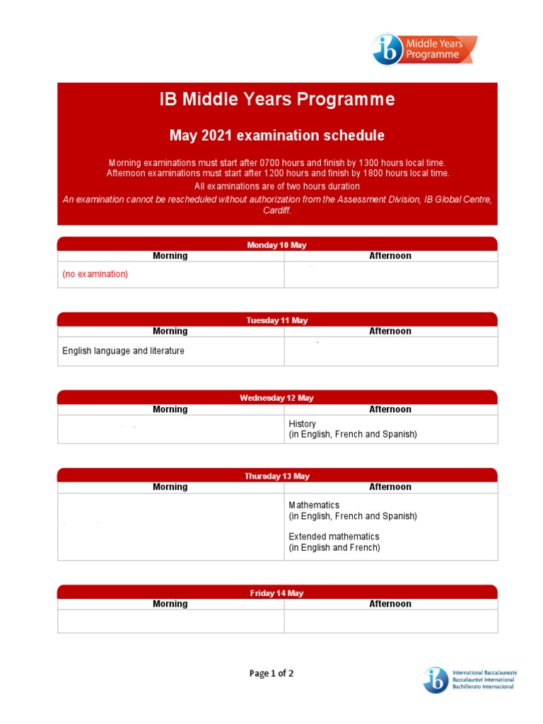 IB Middle Years Programme May 2021 Examination Schedule PDF