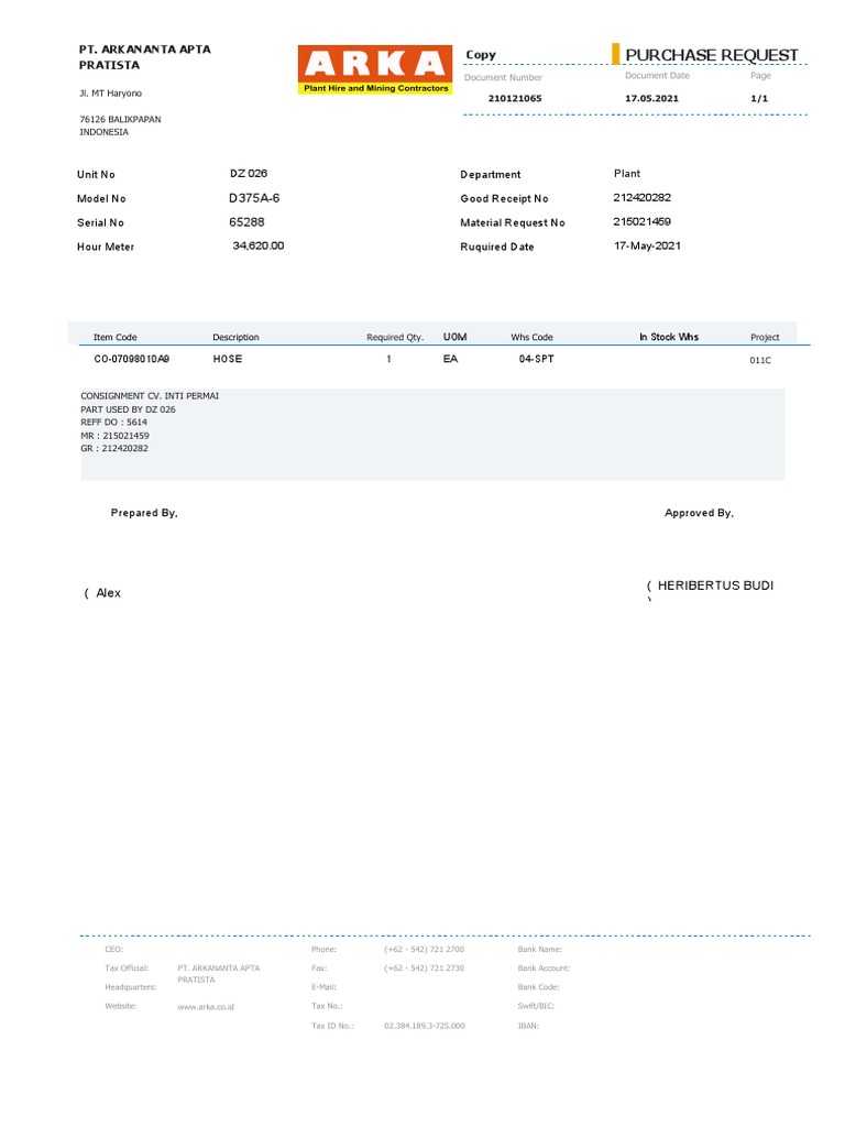 Purchase Request: Department Unit No DZ 026 Good Receipt No 212420282 ...