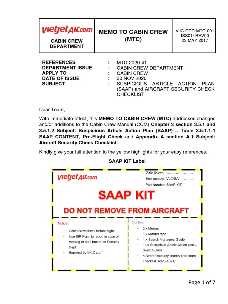 MTC-2020-41 SAAP and Aircraft Security Check Checklist | PDF | Flight ...