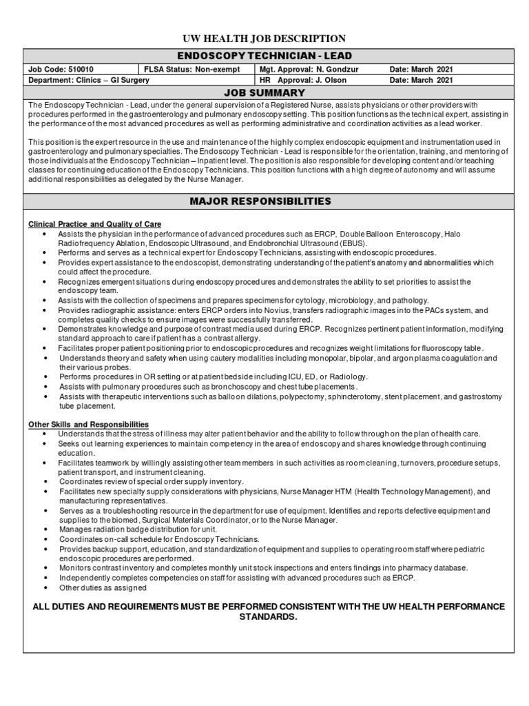 Uw Health Job Description Endoscopy Technician Lead PDF
