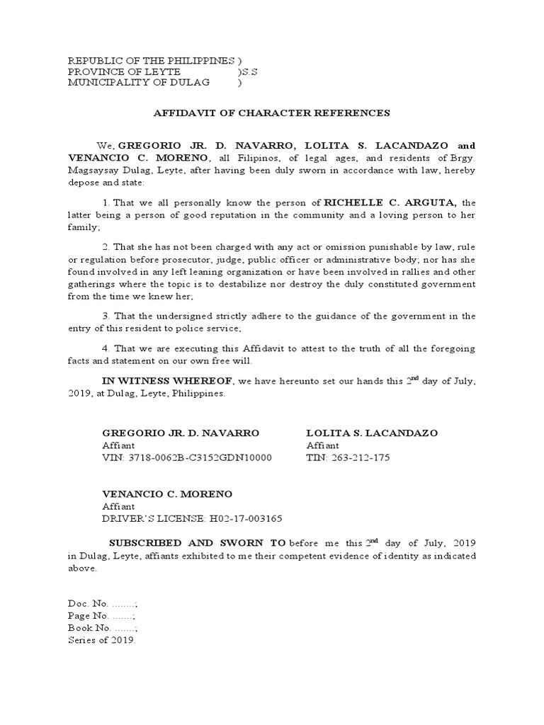 Affidavit of Character References | PDF