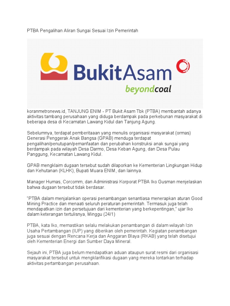 Berita Online25 Mura Ptba Pengalihan Aliran Sungai Sesuai Izin Pemerintah Pdf