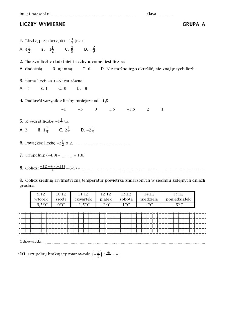 Sprawdzian Z Matematyki Klasa 6 Liczby Dodatnie I Ujemne Liczby Dodatnie I Ujemne Praca Klasowa | PDF
