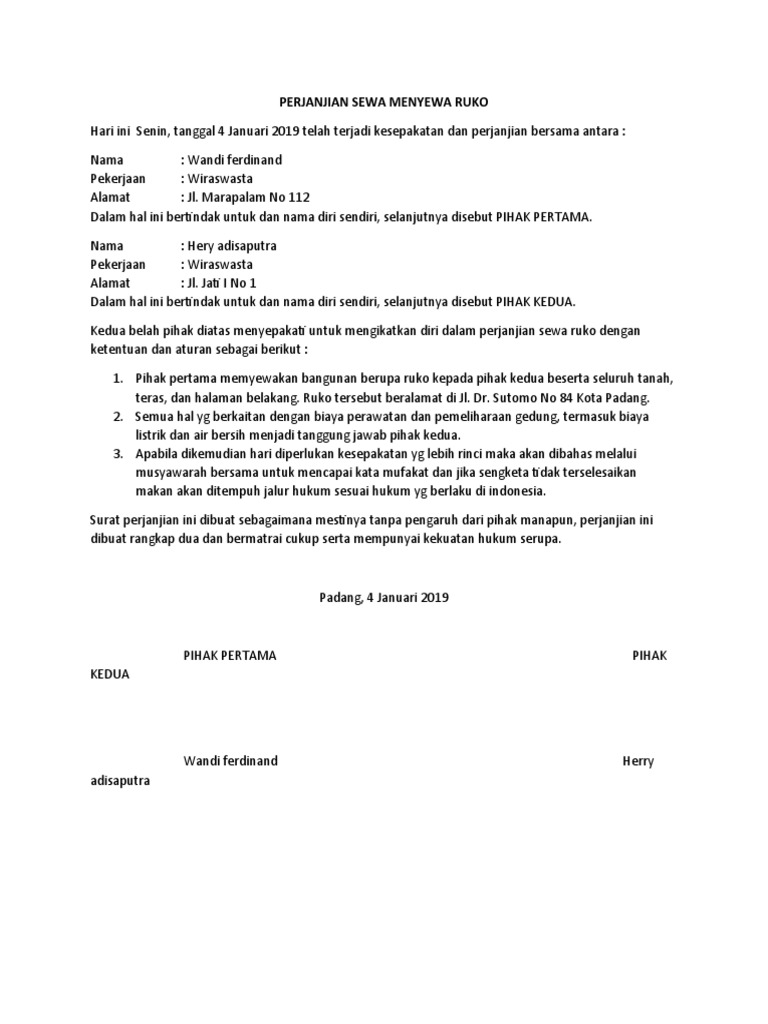 Perjanjian Sewa Ruko di Padang | PDF