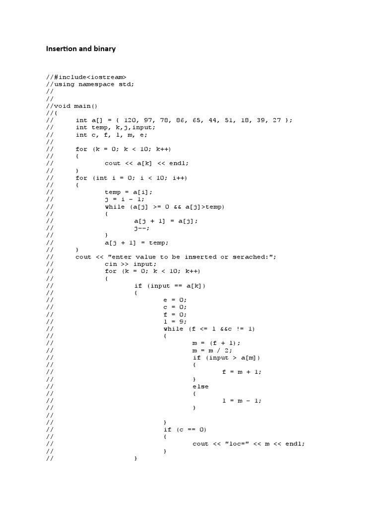 Binary search and insertion sorting C++ code | PDF | Computer ...