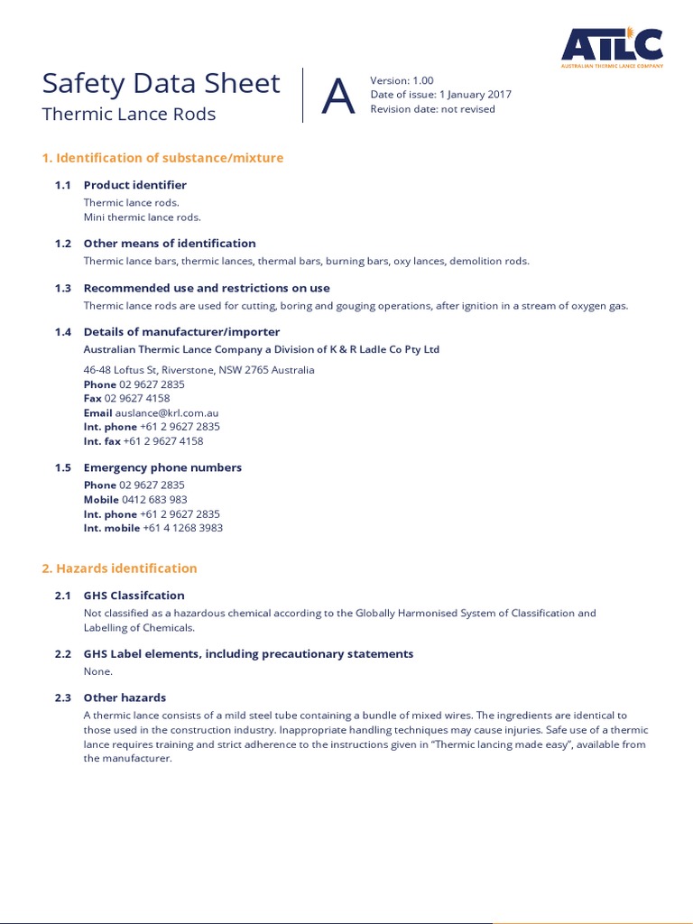 Safety Data Sheet: Thermic Lance Rods | PDF | Waste Management | Iron