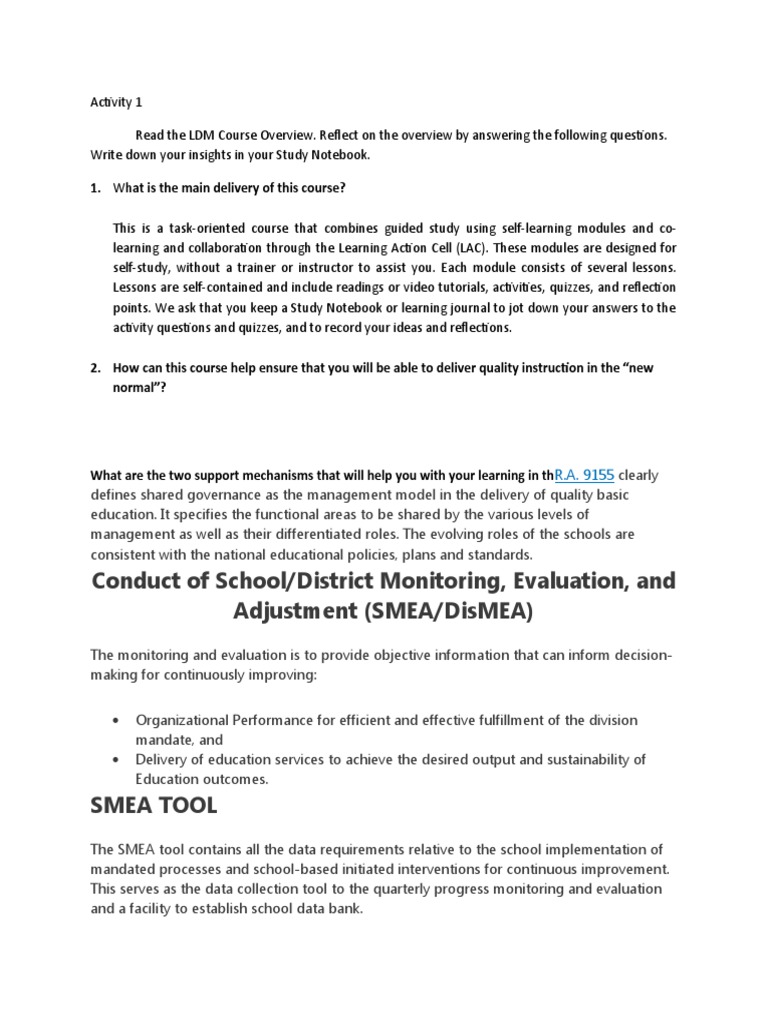 Conduct of School/District Monitoring, Evaluation, and Adjustment (Smea ...
