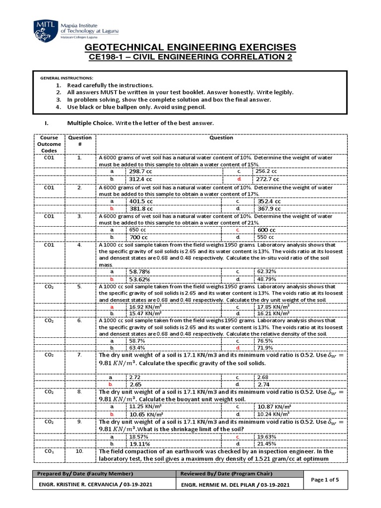 Geotechnical Engineering Exercises CE198-1 | PDF | Density | Soil Science