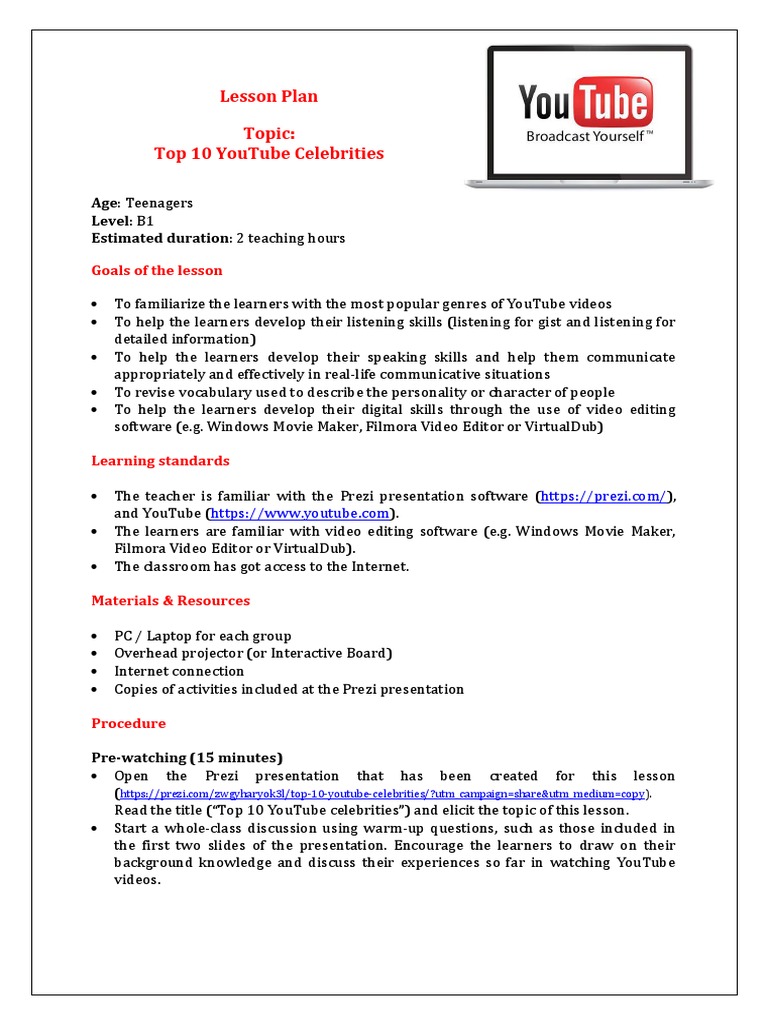 YouTube Celebrities Lesson Plan for Teens | PDF | You Tube | Lesson Plan