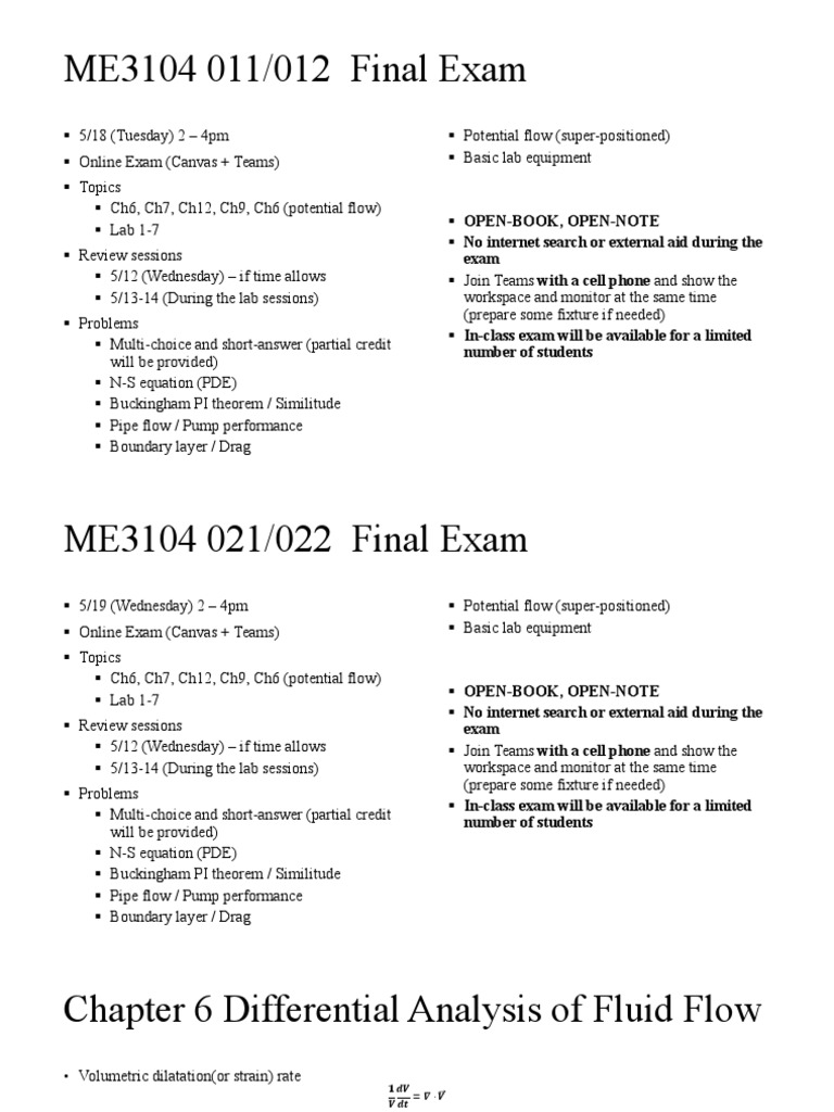 Me3104 011 012 Final Exam Pdf Navier Stokes Equations Fluid Dynamics