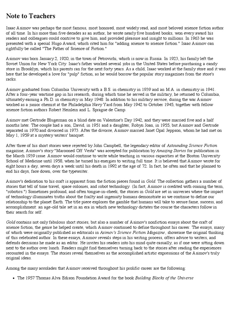 Gold by Isaac Asimov Teacher Study Guide Isaac Asimov Hugo