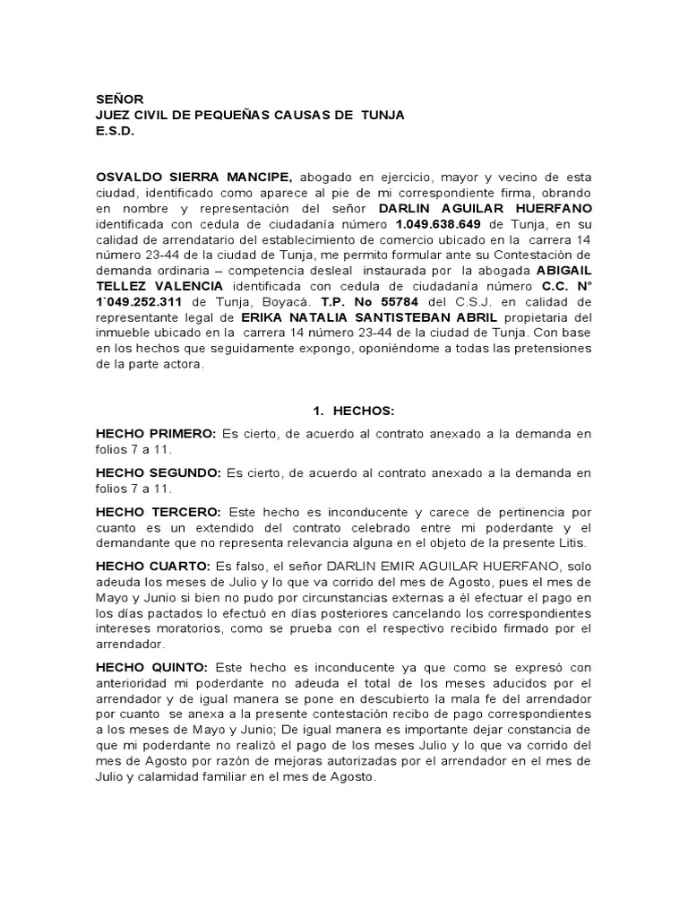 CONTESTACION Dda Restitucion Inmueble Arrendado | PDF | Demanda ...
