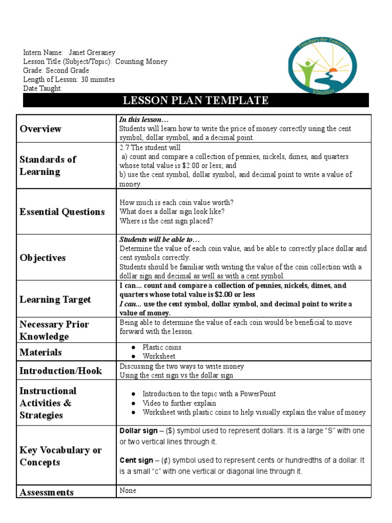 Counting Money Lesson Plan 1 | PDF | Penny (United States Coin