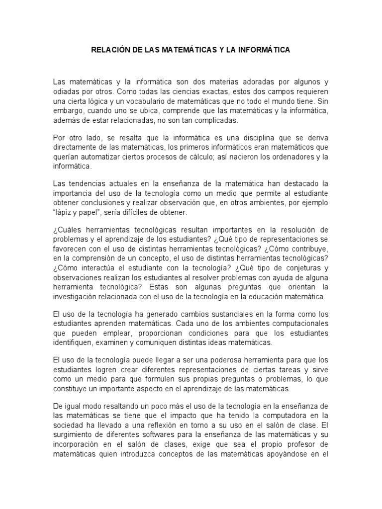 Relación de Las Matemáticas y La Informática | PDF | Enseñanza de ...