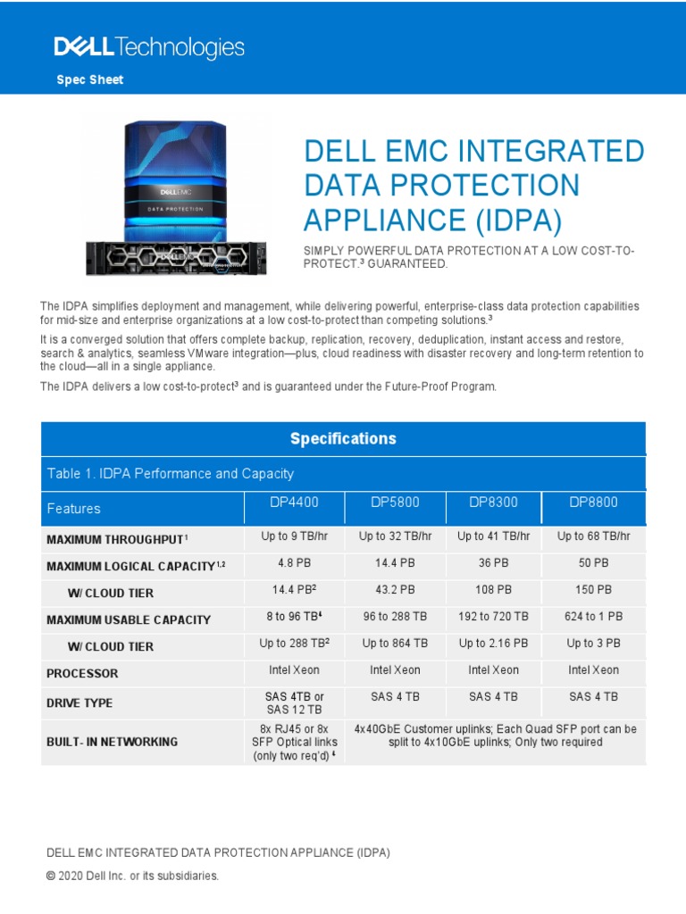 DELL EMC INTEGRATED DATA PROTECTION APPLIANCE (IDPA) Spec Sheet PDF