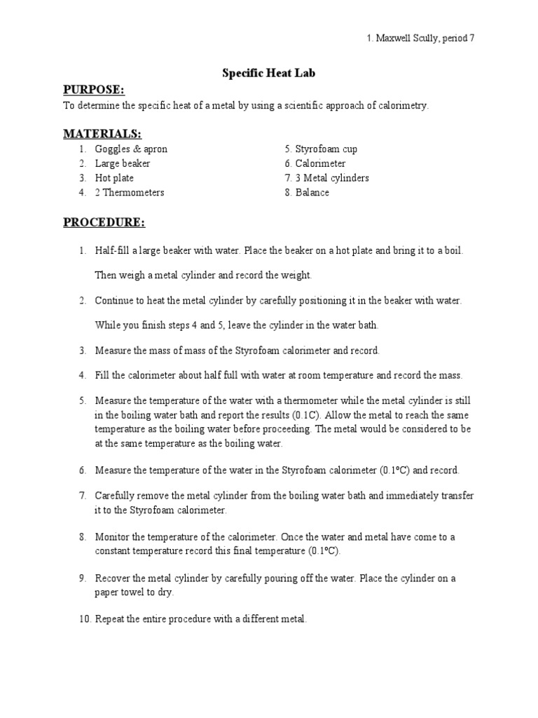 Chem Lab Specific Heat 1 Pdf Temperature Mechanical Engineering
