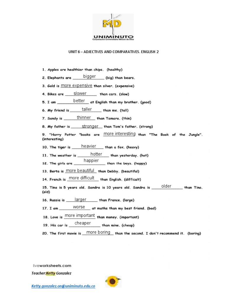 Unit 6. Adjectives and Comparatives. Workshop | PDF