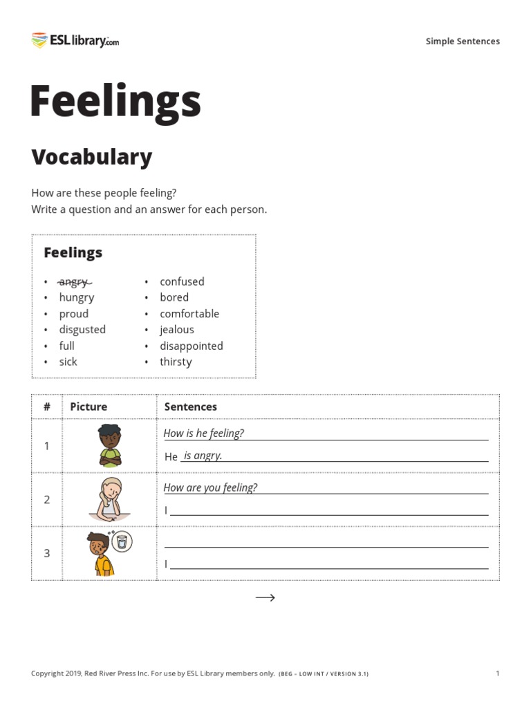 Feelings - Simple Sentences - ESL Library | PDF, image size:768x1024