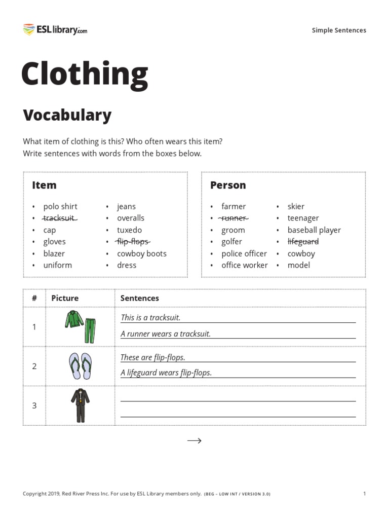Clothing Simple Sentences ESL Library PDF Human Appearance