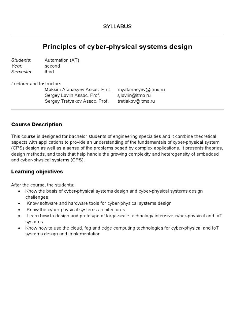 Cyber-Physical Systems Design Syllabus | PDF | Internet Of Things ...