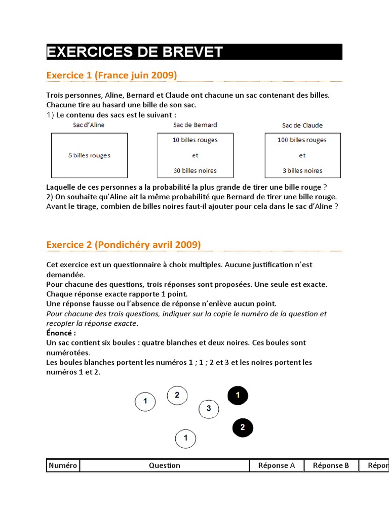 Exercice Probabilité Brevet Avec Corrigé Pdf Exercices de Brevet | PDF | Enseignement des mathématiques | Loisirs